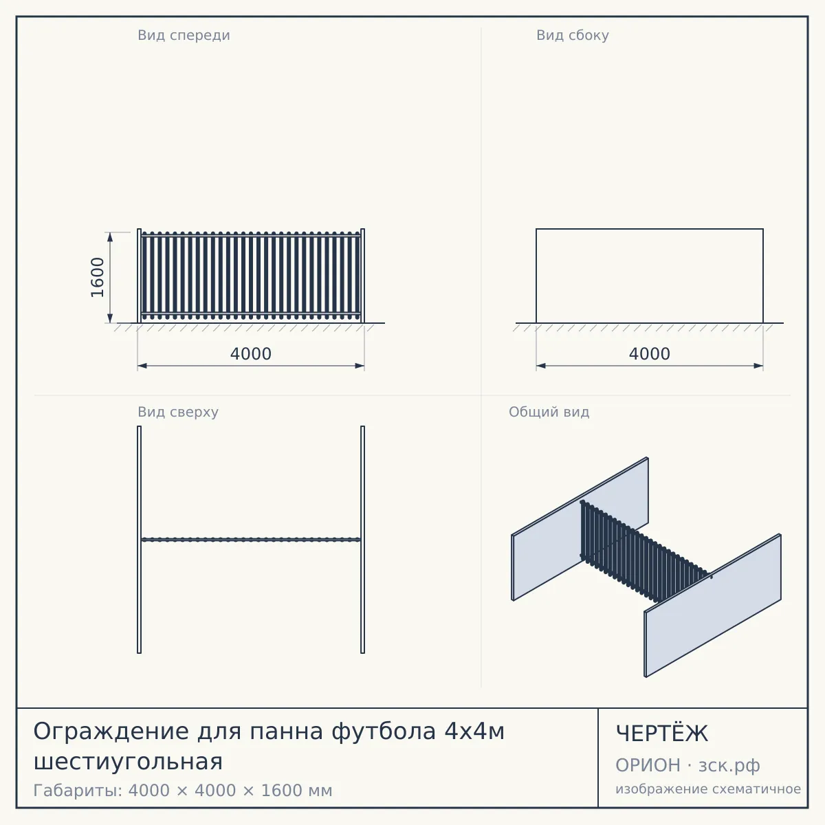Ограждение для панна футбола 4х4м шестиугольная — чертёж
